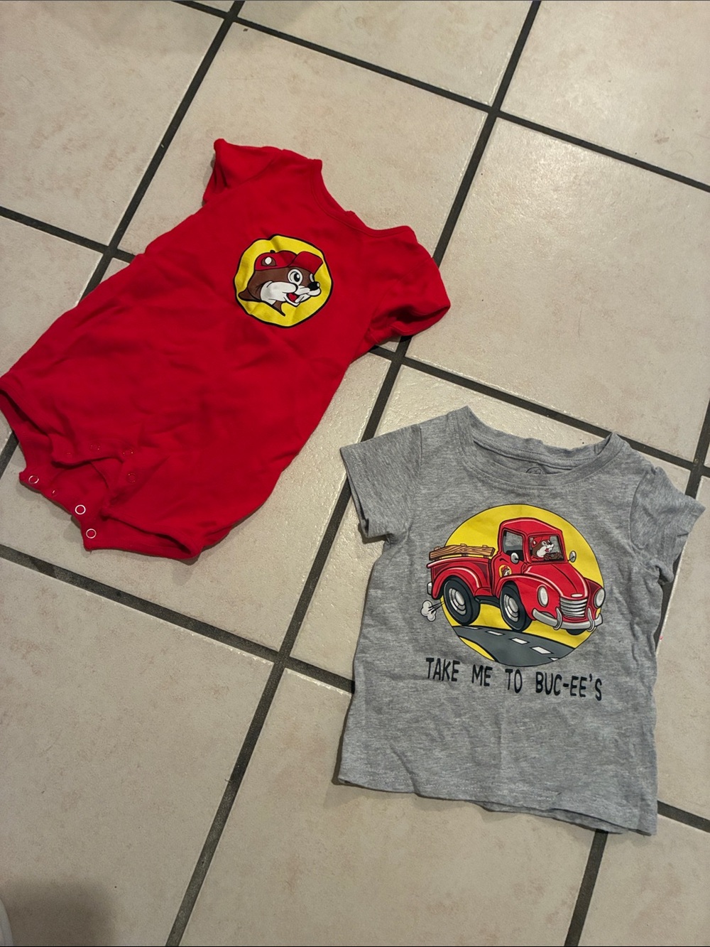 Buc-ee’s  Red Romper 18 months  and Gray T-Shirt 2T